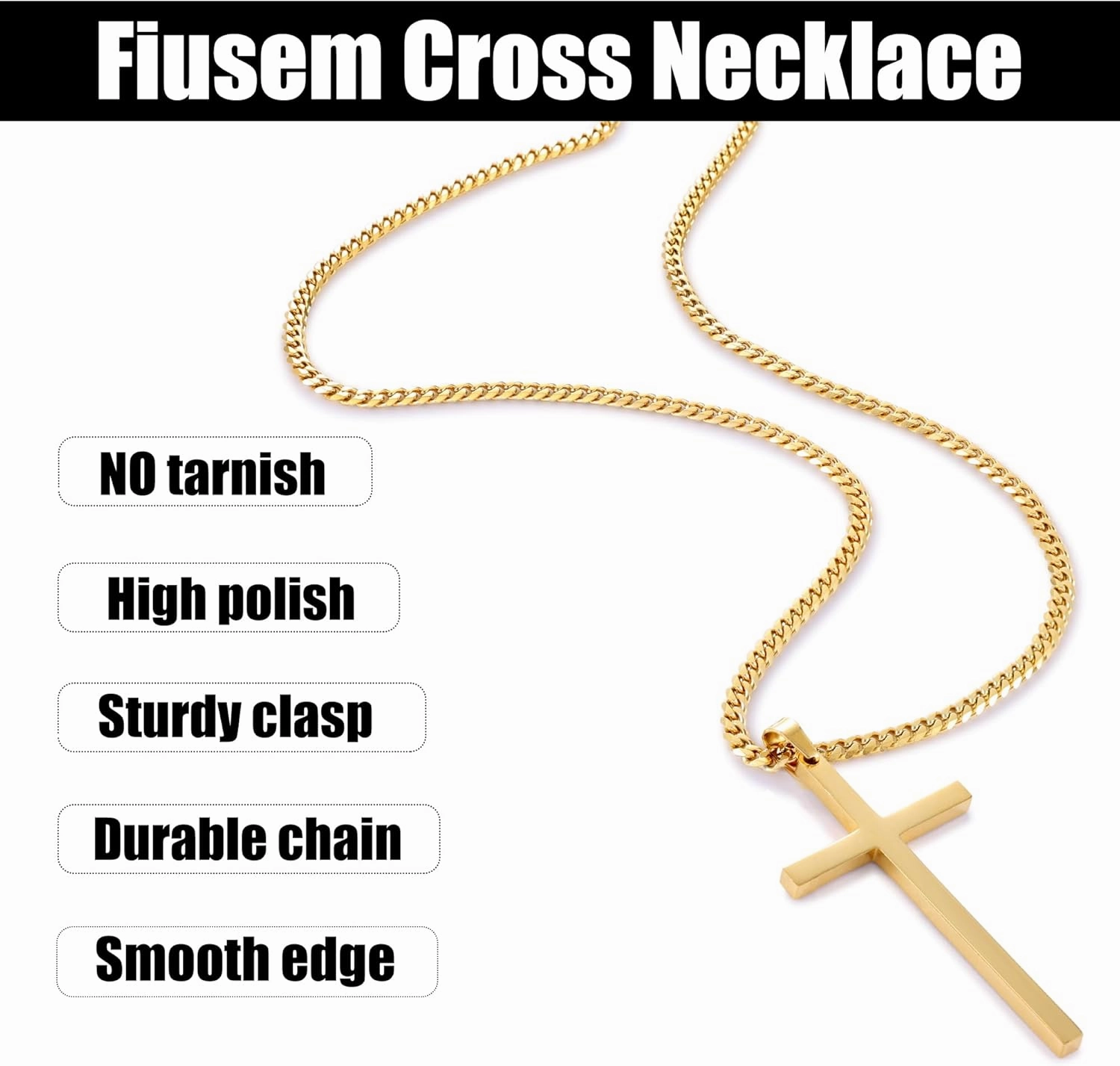 Fiusem Cross Necklace for Men and Women, Gold Plated Mens Cross Necklaces with 3.5mm Cuban Chain, Stainless Steel Pendant Chain 16-24 Inches