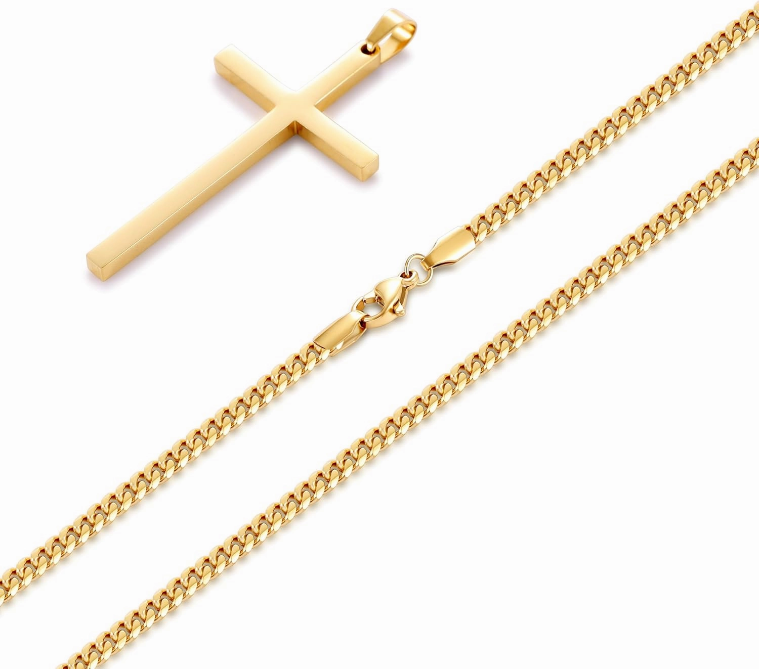 Fiusem Cross Necklace for Men and Women, Gold Plated Mens Cross Necklaces with 3.5mm Cuban Chain, Stainless Steel Pendant Chain 16-24 Inches