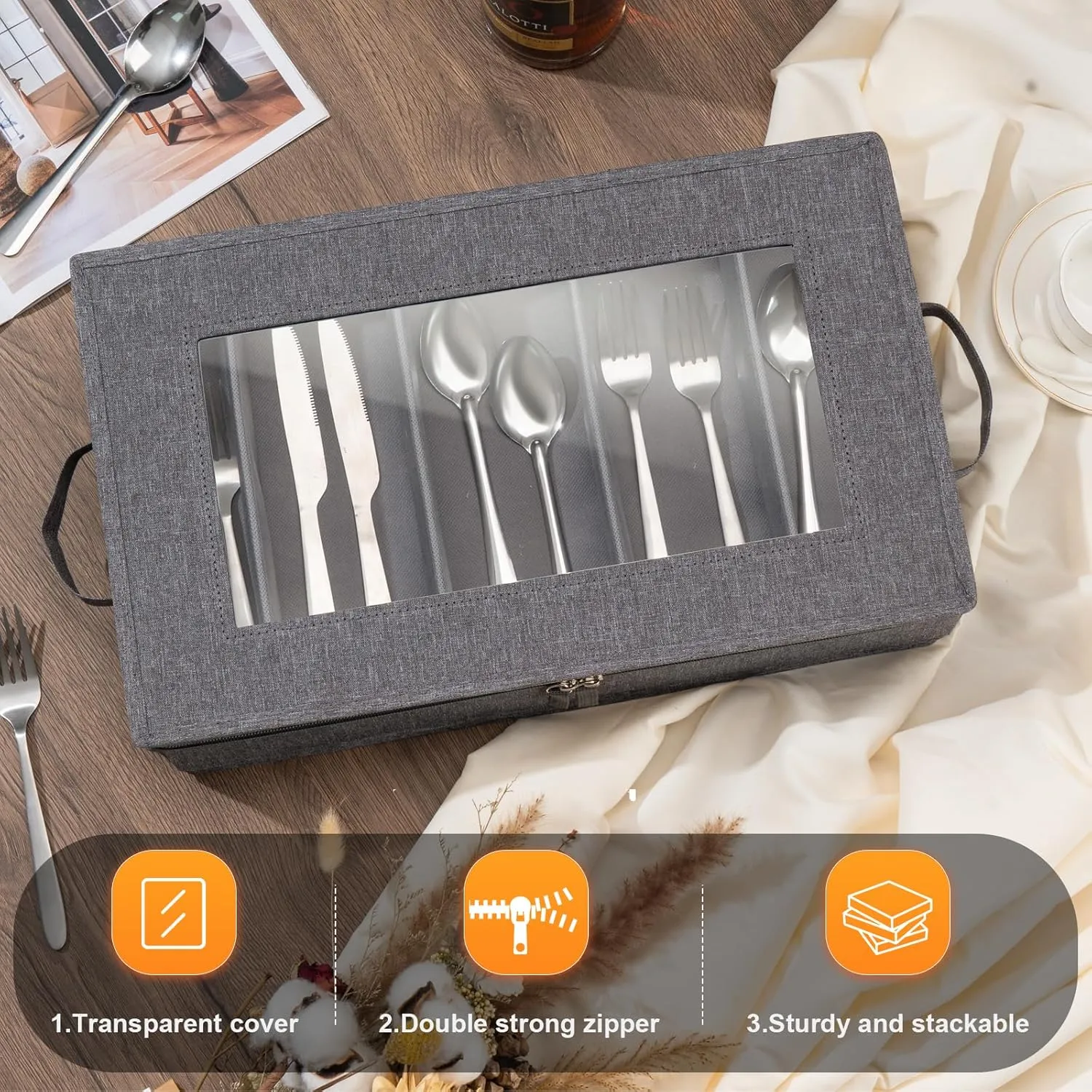 Flatware Storage Box 2 Pack, Silverware Storage Box Case Chest with Adjustable Dividers, Silverware Holder with Zipper Lid for Organizing Cutlery, Utensil, Flatware, Knives, Large Capacity Gray