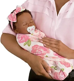 Flora African American Black Baby Doll with Custom Swaddle Blanket by Ashton-Drake
