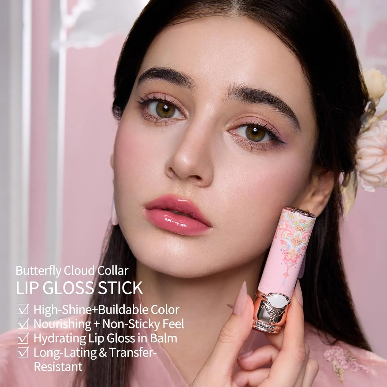Flower Knows Butterfly Cloud Collar Glossy Lipstick,Hydrating Solid Lip Gloss,Moisturizing Pink Tinted Lip Balm,Long Lasting Lip Gloss in Balm for Girls&Women,Vegan & Cruelty-Free(C04 Peachy Aqua)