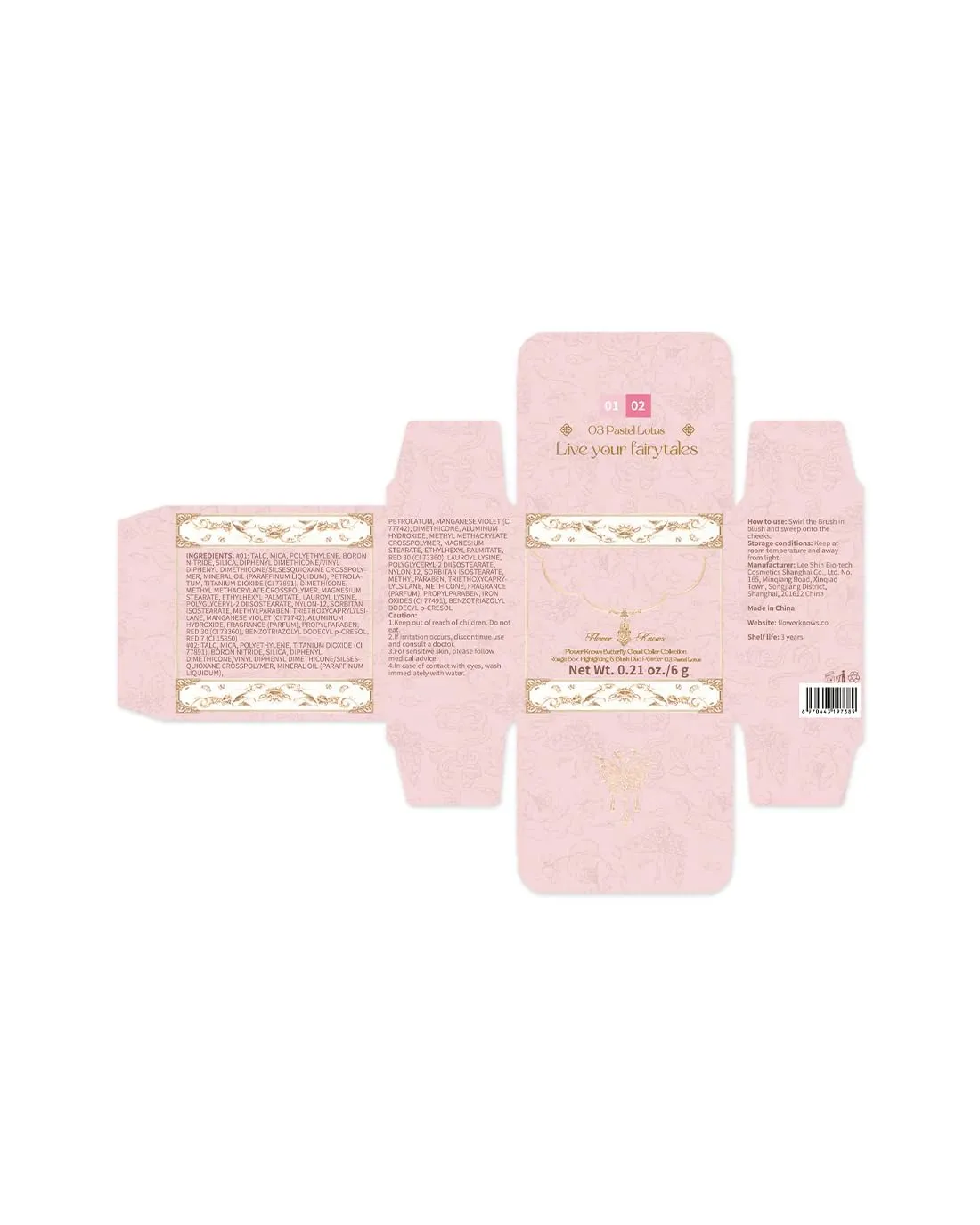Flower Knows Butterfly Cloud Collar Rouge Box Highlighting & Blush Duo Powder,Pink Matte Finish Blush & Highlighter Palette,Buildable & Blendable Makeup Blush for cheeks(03 Pastel Lotus)
