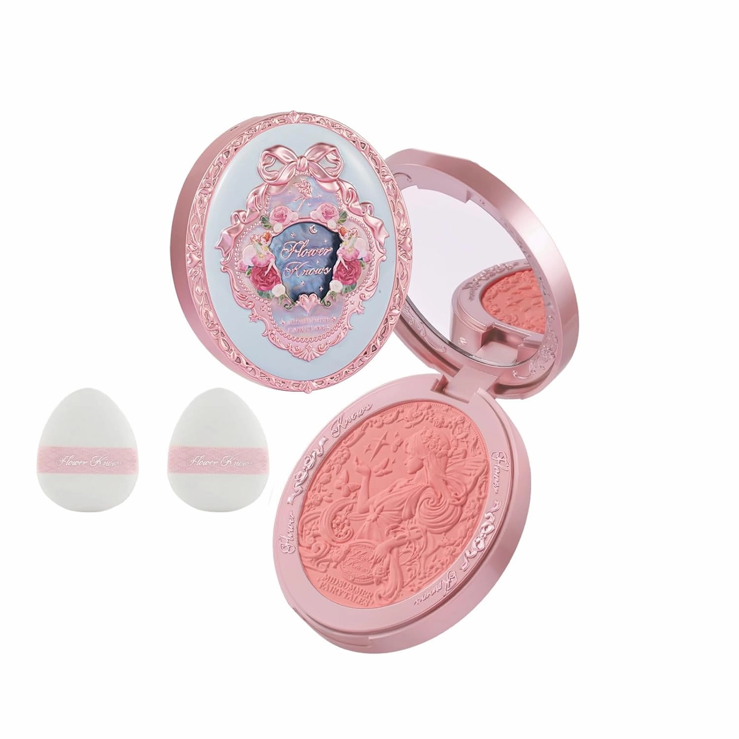 Flower Knows Midsummer Fairytales Embossed Blush & Powder Puffs Set,Matte Finish,Buildable & Blendable Makeup Blush for cheeks,Soft & Long-lasting for Girls & Women(04 Summer Blossom,5g)