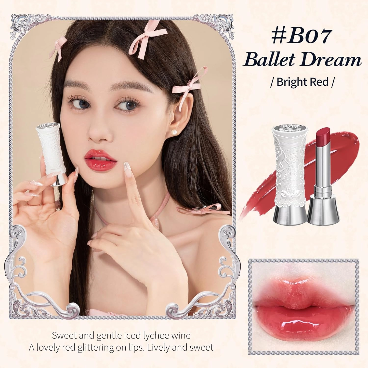 Flower Knows Swan Ballet Shine Lipstick,Hydrating Solid Lip Gloss,Moisturizing Red Tinted Lip Balm-Long Lasting Lip Gloss in Balm for Girls&Women,Vegan & Cruelty-Free(B07 Ballet Dream)