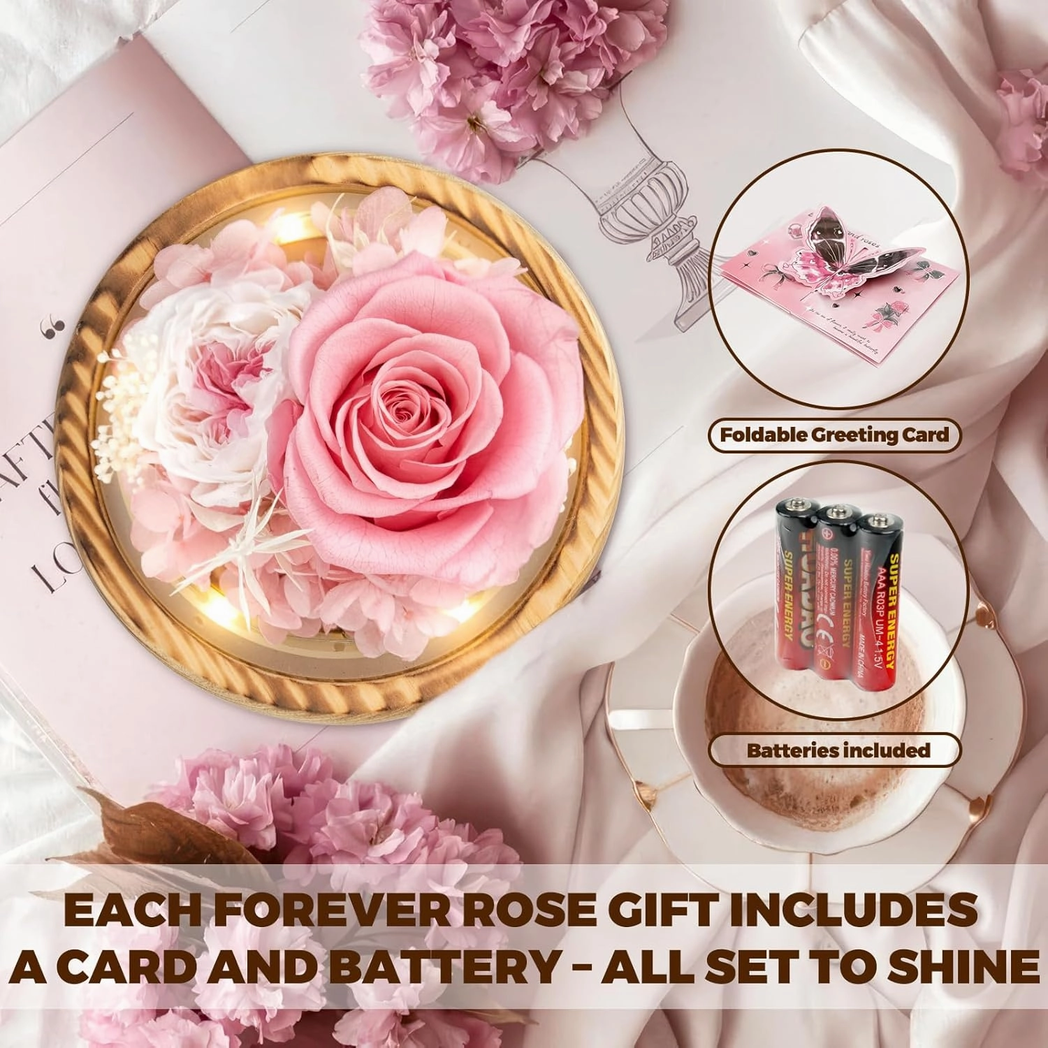 Flowers Rose Gifts for Women, Flowers Fresh Bouquet with 3 Batteries, Fresh Flowers That Last, Flowers for Delivery, Romantic Gift for Birthday, Motehrs Day, Christmas Day