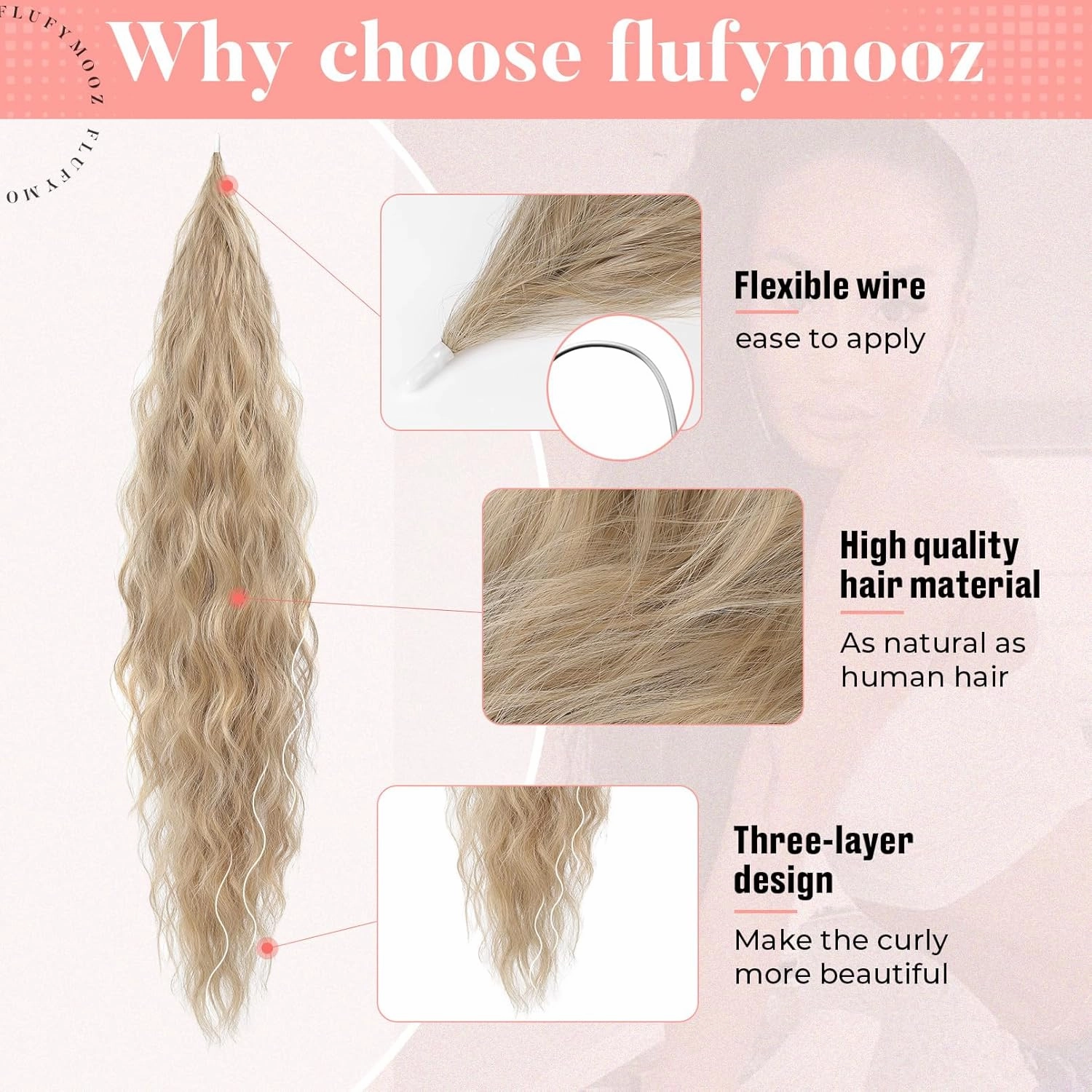 Flufymooz Ponytail Extension, Flexible Wrap Around Ponytail Extension Long Wavy Curly Ponytail Hair Extensions Natural pony tail Synthetic Hairpiece for Women 26 Inch (Champagne Blonde)