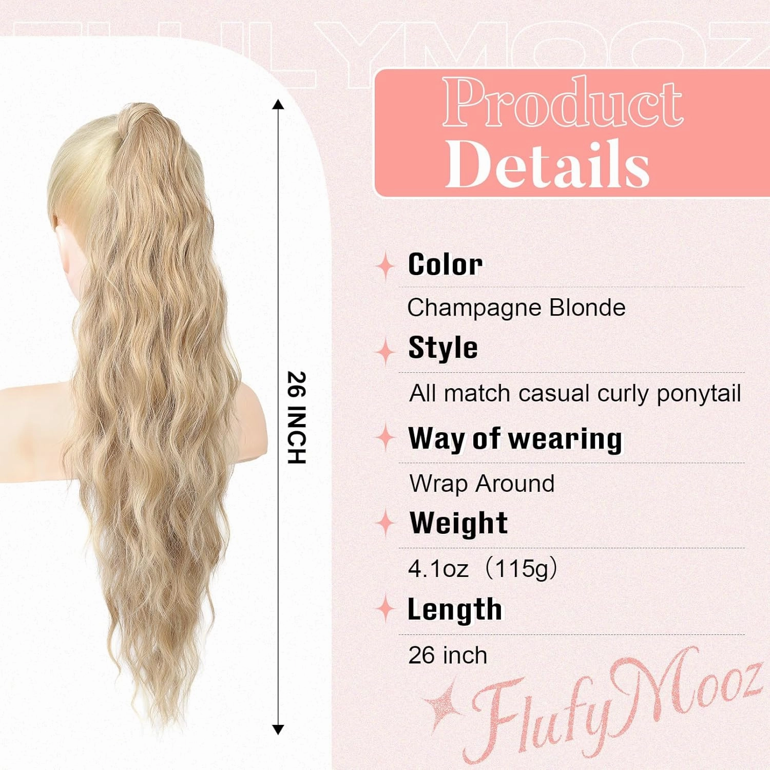 Flufymooz Ponytail Extension, Flexible Wrap Around Ponytail Extension Long Wavy Curly Ponytail Hair Extensions Natural pony tail Synthetic Hairpiece for Women 26 Inch (Champagne Blonde)
