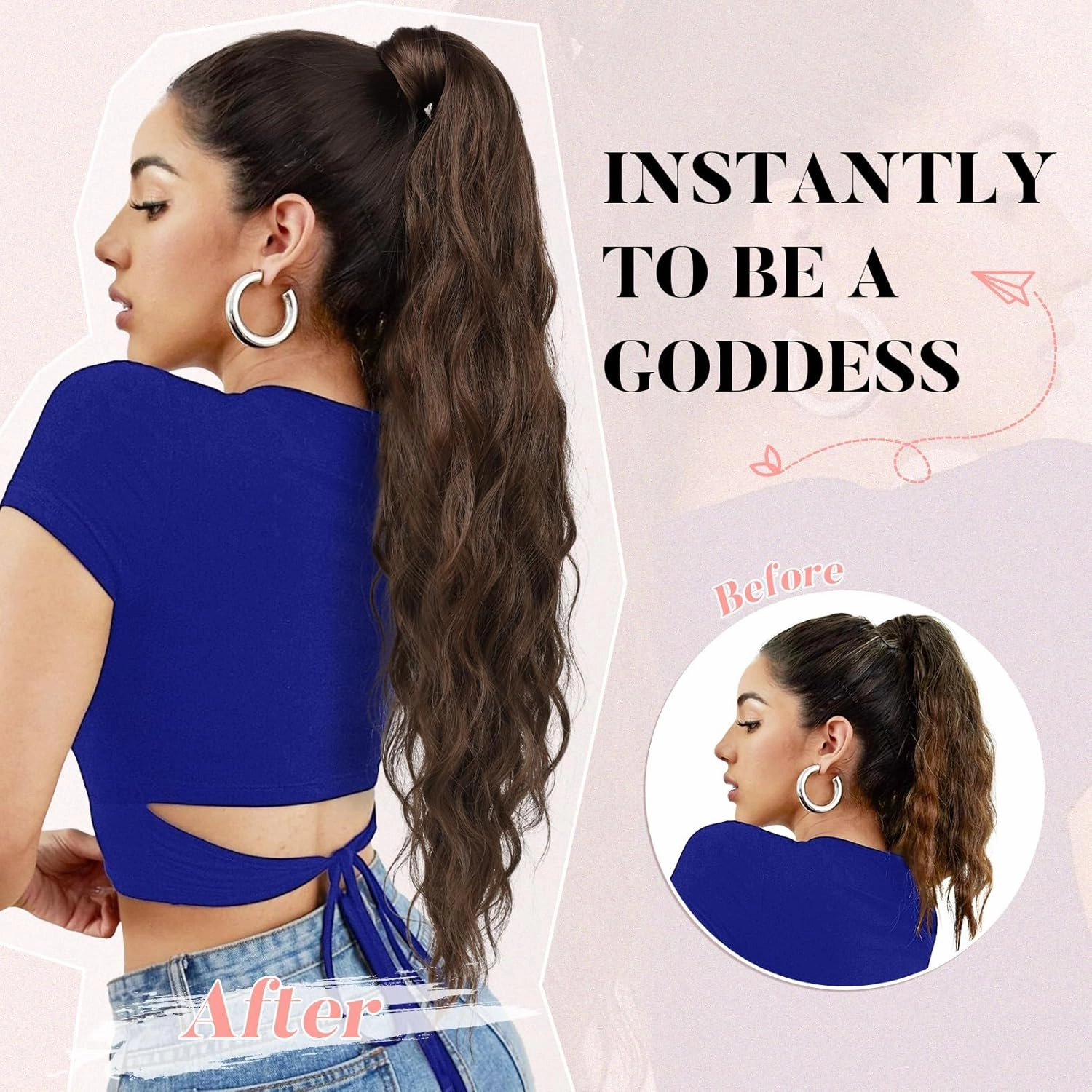 Flufymooz Ponytail Extension, Flexible Wrap Around Ponytail Extension Long Wavy Curly Ponytail Hair Extensions Natural pony tail Synthetic Hairpiece for Women 26 Inch (Champagne Blonde)