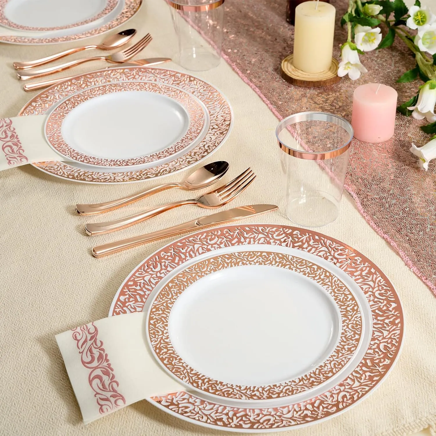 FOCUSLINE 350 Ct Rose Gold Dinnerware Set for 50 Guests, Rose Gold Lace Plastic Plates Disposable Heavy Duty, Including 50 Dinner & Dessert Plates, Cups, Napkins, Cutlery Set