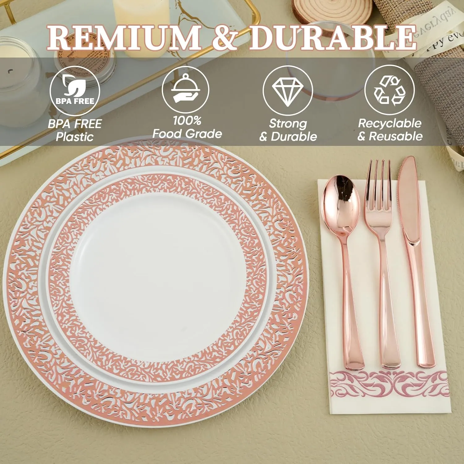 FOCUSLINE 350 Ct Rose Gold Dinnerware Set for 50 Guests, Rose Gold Lace Plastic Plates Disposable Heavy Duty, Including 50 Dinner & Dessert Plates, Cups, Napkins, Cutlery Set