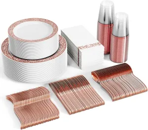 FOCUSLINE 350 Ct Rose Gold Dinnerware Set for 50 Guests, Rose Gold Lace Plastic Plates Disposable Heavy Duty, Including 50 Dinner & Dessert Plates, Cups, Napkins, Cutlery Set