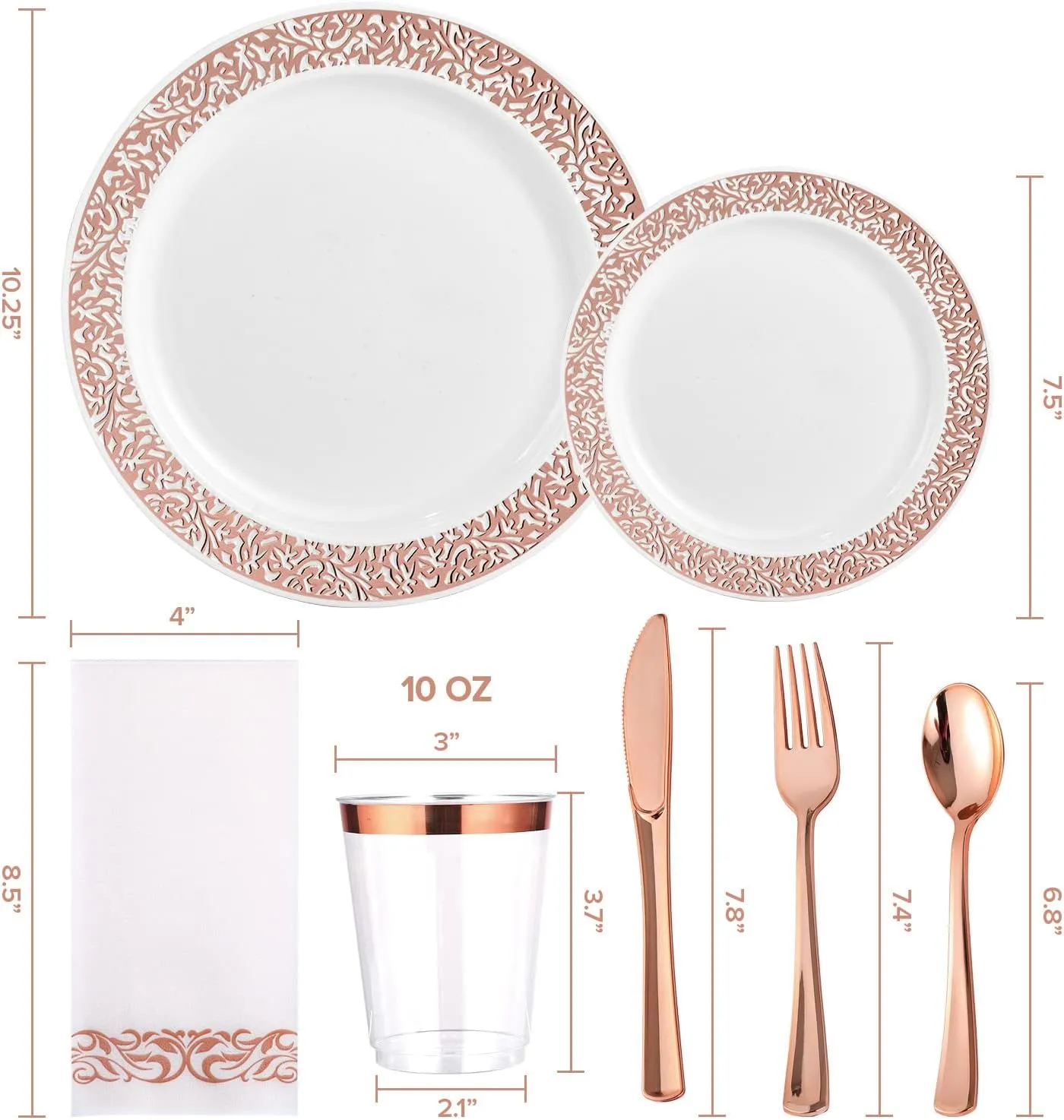 FOCUSLINE 350 Ct Rose Gold Dinnerware Set for 50 Guests, Rose Gold Lace Plastic Plates Disposable Heavy Duty, Including 50 Dinner & Dessert Plates, Cups, Napkins, Cutlery Set