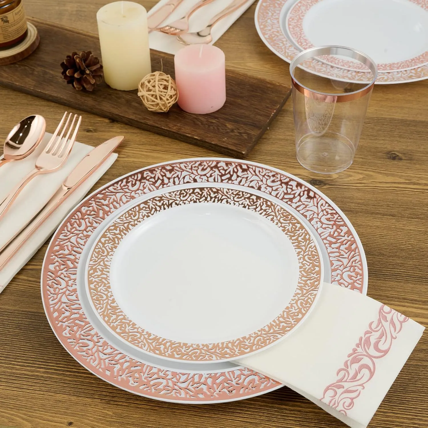 FOCUSLINE 350 Ct Rose Gold Dinnerware Set for 50 Guests, Rose Gold Lace Plastic Plates Disposable Heavy Duty, Including 50 Dinner & Dessert Plates, Cups, Napkins, Cutlery Set