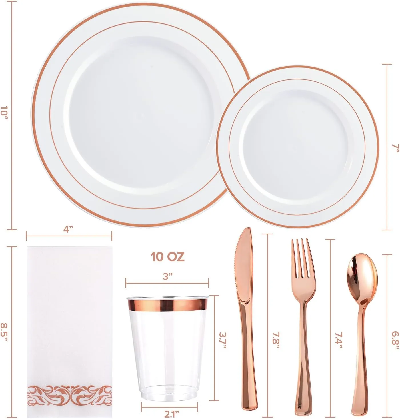 FOCUSLINE 350 Ct Rose Gold Dinnerware Set for 50 Guests - Rose Gold Rimmed White Disposable Plastic Plates, Includes 50 Dinner & Salad Plates, Cups, Cutlery Set for Wedding Parties