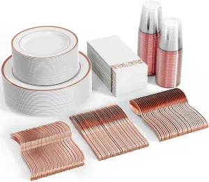 FOCUSLINE 350 Ct Rose Gold Dinnerware Set for 50 Guests - Rose Gold Rimmed White Disposable Plastic Plates, Includes 50 Dinner & Salad Plates, Cups, Cutlery Set for Wedding Parties