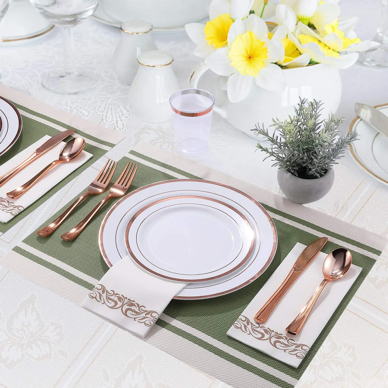 FOCUSLINE 350 Ct Rose Gold Dinnerware Set for 50 Guests - Rose Gold Rimmed White Disposable Plastic Plates, Includes 50 Dinner & Salad Plates, Cups, Cutlery Set for Wedding Parties