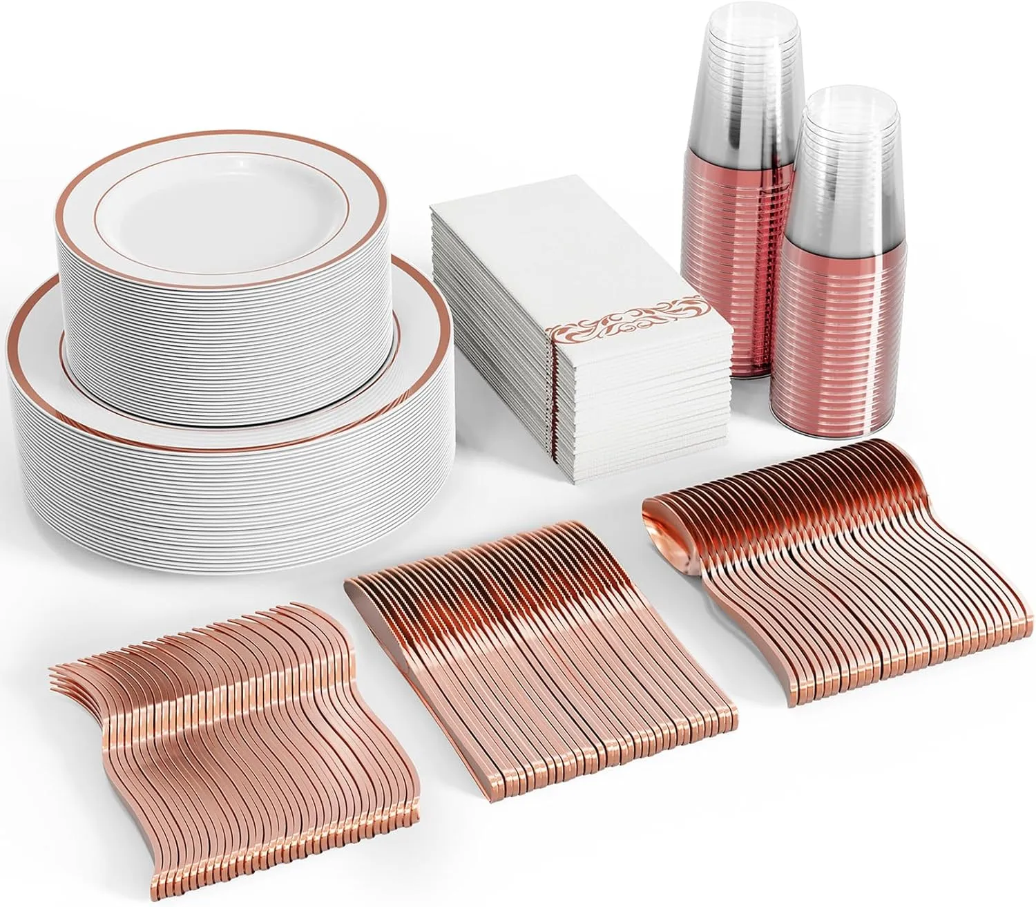 FOCUSLINE 350 Ct Rose Gold Dinnerware Set for 50 Guests - Rose Gold Rimmed White Disposable Plastic Plates, Includes 50 Dinner & Salad Plates, Cups, Cutlery Set for Wedding Parties