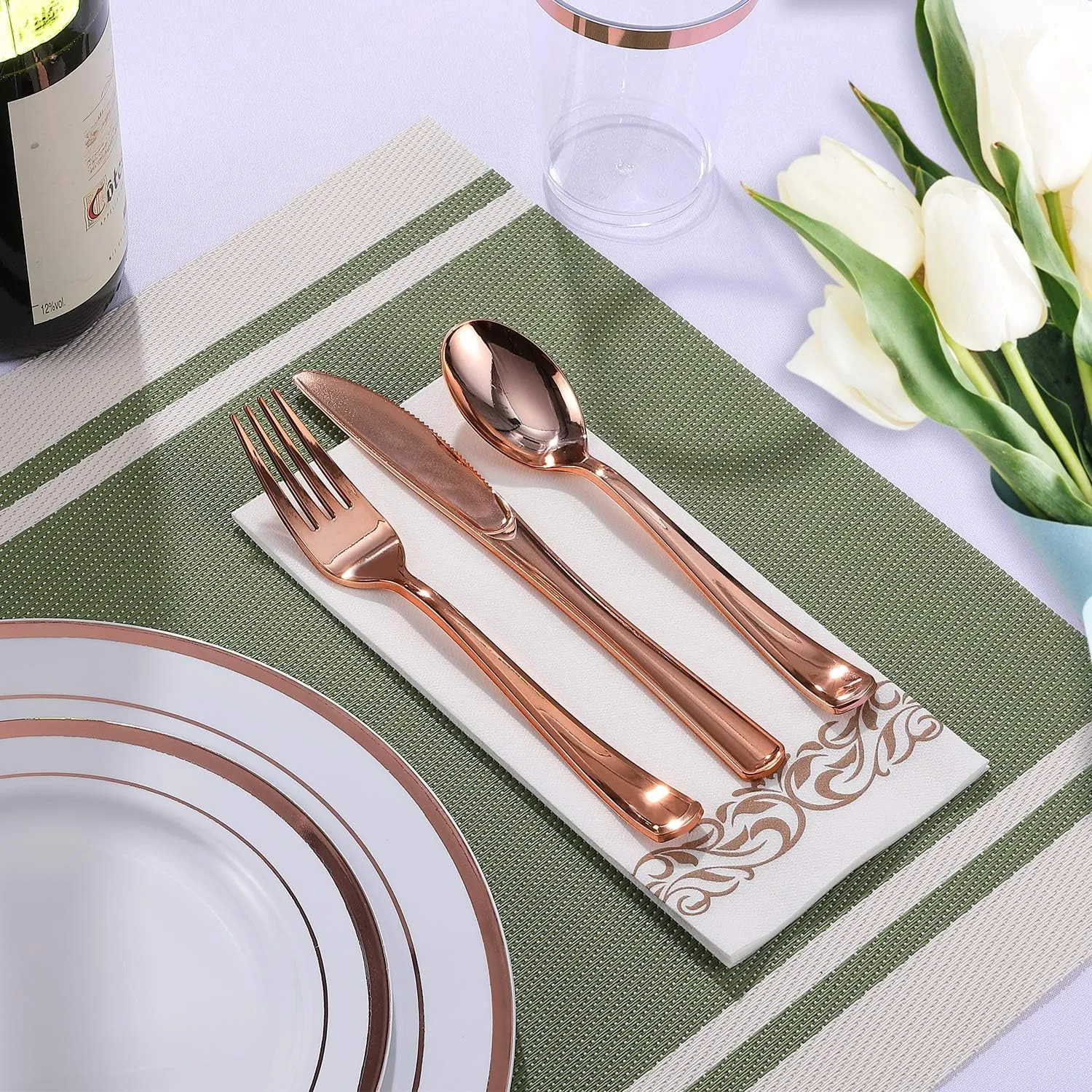 FOCUSLINE 350 Ct Rose Gold Dinnerware Set for 50 Guests - Rose Gold Rimmed White Disposable Plastic Plates, Includes 50 Dinner & Salad Plates, Cups, Cutlery Set for Wedding Parties