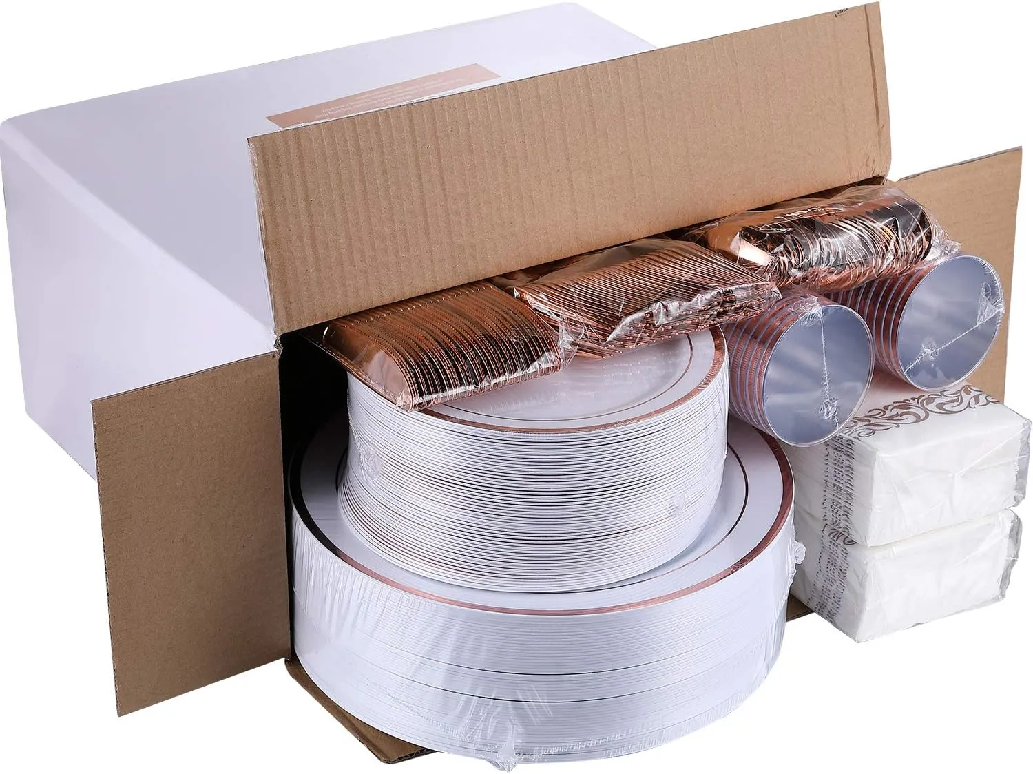 FOCUSLINE 350 Ct Rose Gold Dinnerware Set for 50 Guests - Rose Gold Rimmed White Disposable Plastic Plates, Includes 50 Dinner & Salad Plates, Cups, Cutlery Set for Wedding Parties