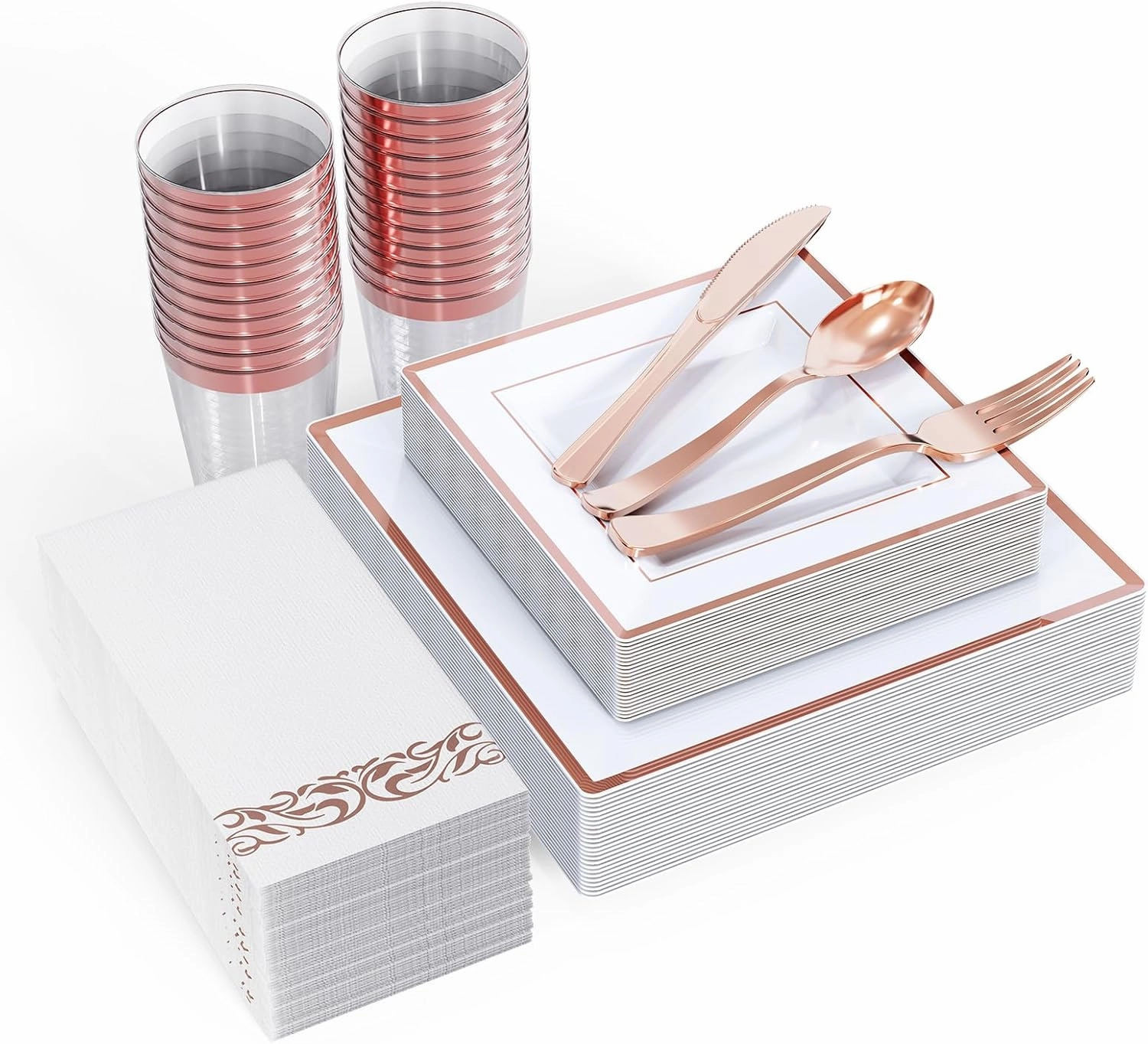 FOCUSLINE 175 Ct Rose Gold Dinnerware Set for 25 Guests - Square Plastic Plates with Rose Gold Rim, Includes 25 Disposable Dinner & Dessert Plates, Napkins, Cups, Cutlery Set for Wedding Parties