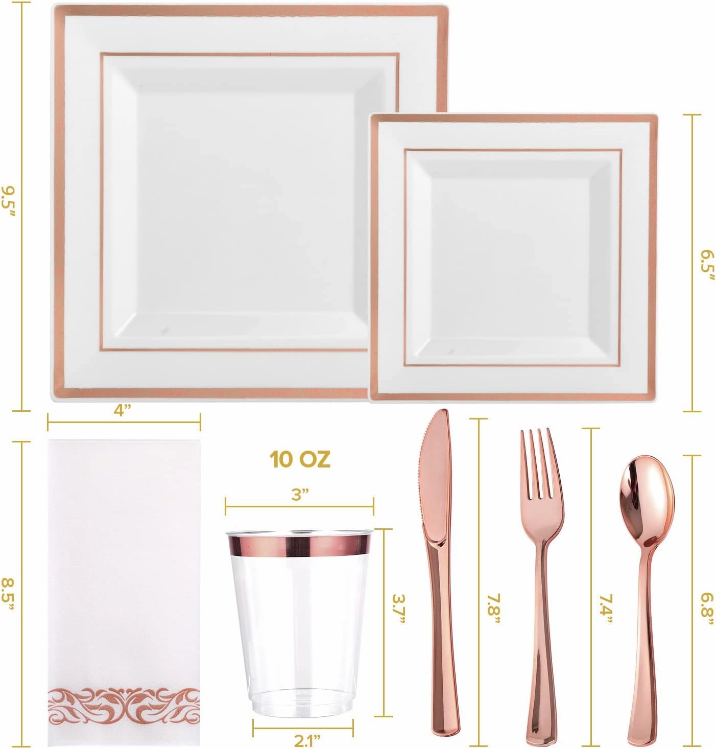 FOCUSLINE 175 Ct Rose Gold Dinnerware Set for 25 Guests - Square Plastic Plates with Rose Gold Rim, Includes 25 Disposable Dinner & Dessert Plates, Napkins, Cups, Cutlery Set for Wedding Parties