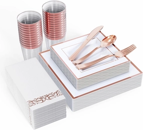 FOCUSLINE 175 Ct Rose Gold Dinnerware Set for 25 Guests - Square Plastic Plates with Rose Gold Rim, Includes 25 Disposable Dinner & Dessert Plates, Napkins, Cups, Cutlery Set for Wedding Parties