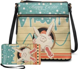 FOR U DESIGNS Purses for Women PU Leather Multi Pockets Easter Bunny Cross Body Purse and Matching Wallet Set