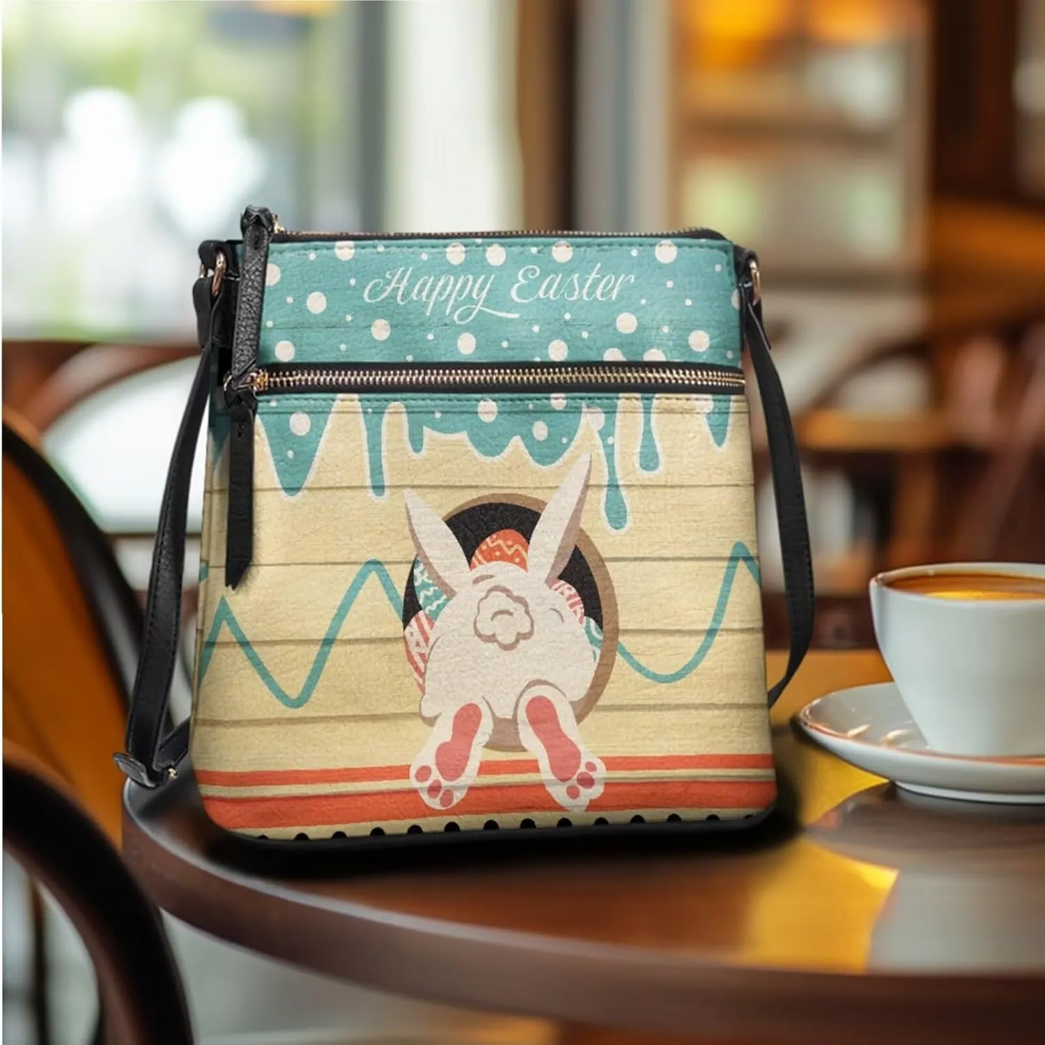 FOR U DESIGNS Purses for Women PU Leather Multi Pockets Easter Bunny Cross Body Purse and Matching Wallet Set