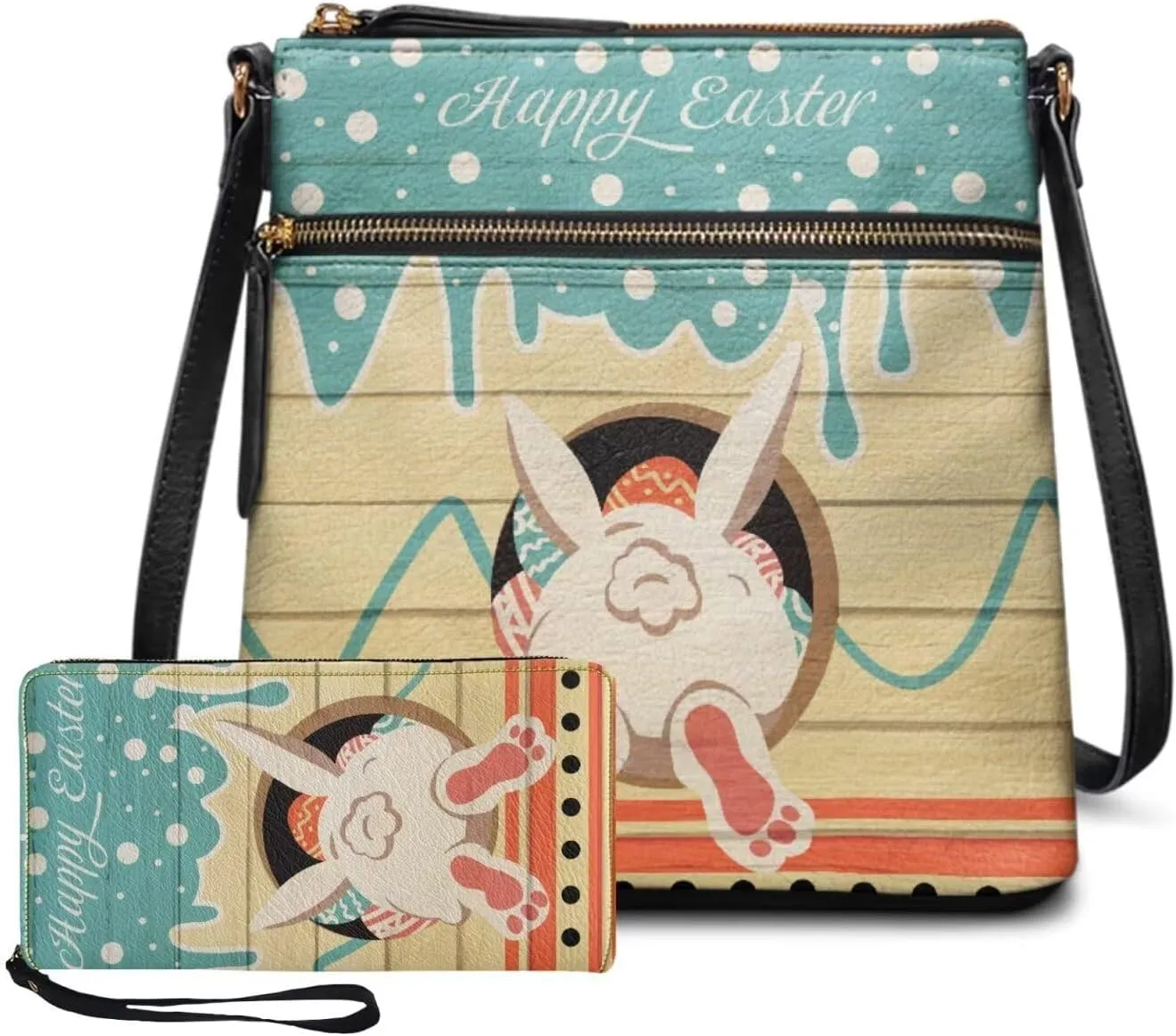 FOR U DESIGNS Purses for Women PU Leather Multi Pockets Easter Bunny Cross Body Purse and Matching Wallet Set