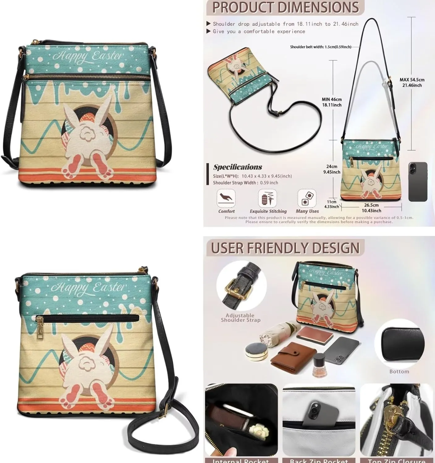 FOR U DESIGNS Purses for Women PU Leather Multi Pockets Easter Bunny Cross Body Purse and Matching Wallet Set