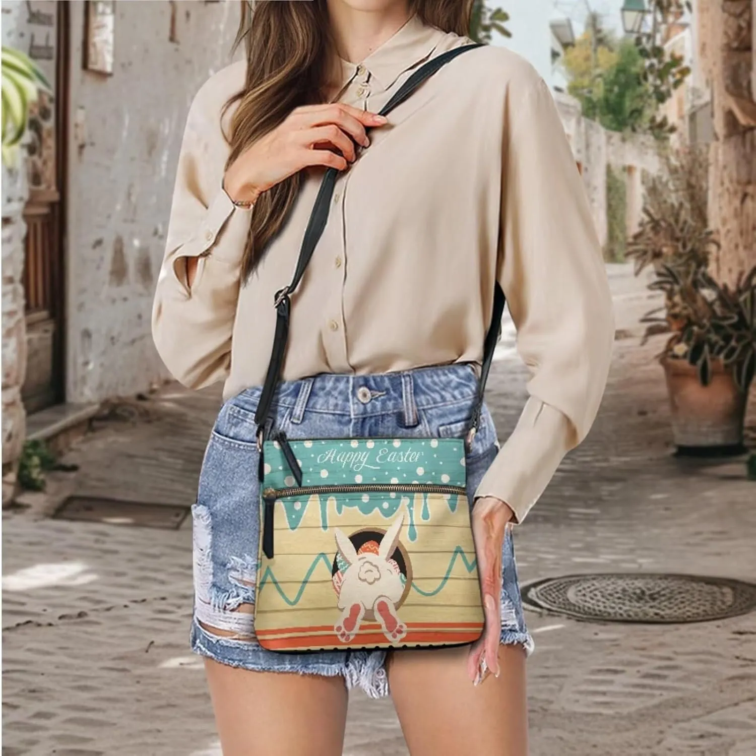 FOR U DESIGNS Purses for Women PU Leather Multi Pockets Easter Bunny Cross Body Purse and Matching Wallet Set