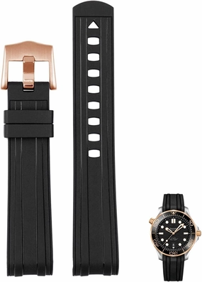 for Omega Seamaster 300 Universe 007 Curved End Fluorous Rubber Silicone watchband 20mm 22m Watch Soft Strap Men Replacement (Color : Black Rose Gold, Size : 20mm)