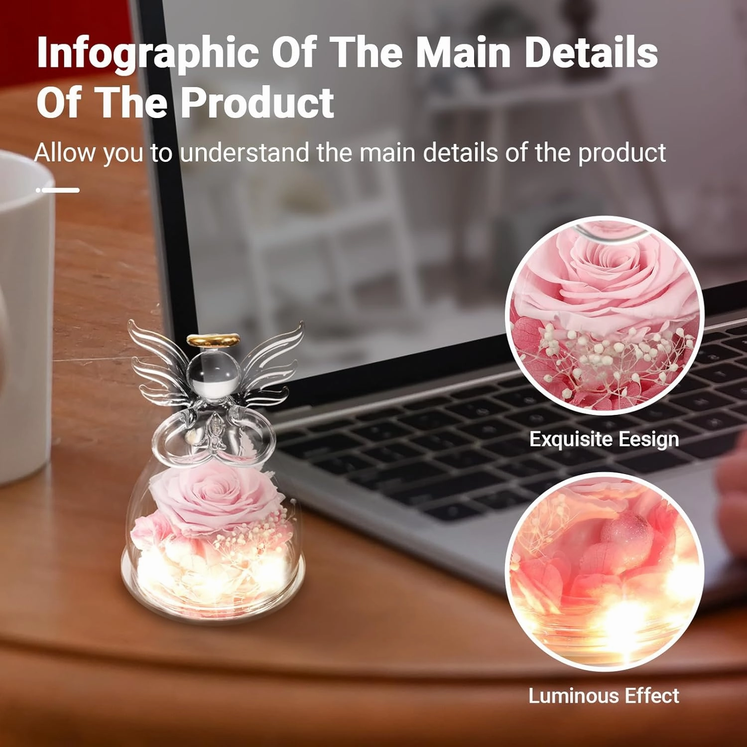Forever Preserved Pink Rose in Glass Angel Figurine – Eternal Flower Gift for Women, Mom, Grandma, Birthday, Memorial (Pink)