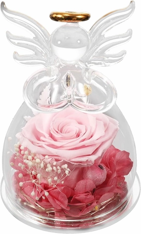 Forever Preserved Pink Rose in Glass Angel Figurine – Eternal Flower Gift for Women, Mom, Grandma, Birthday, Memorial (Pink)