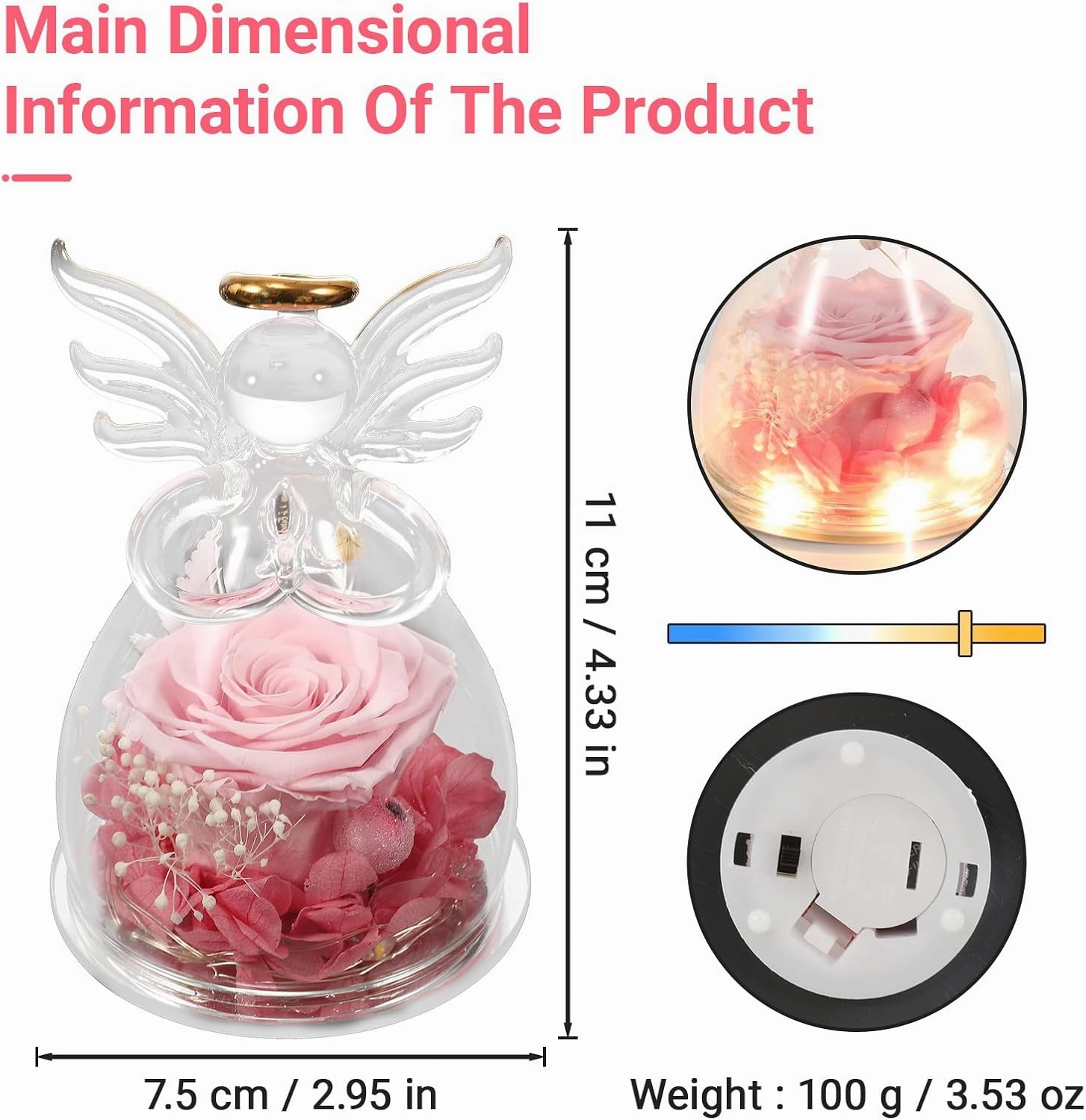 Forever Preserved Pink Rose in Glass Angel Figurine – Eternal Flower Gift for Women, Mom, Grandma, Birthday, Memorial (Pink)