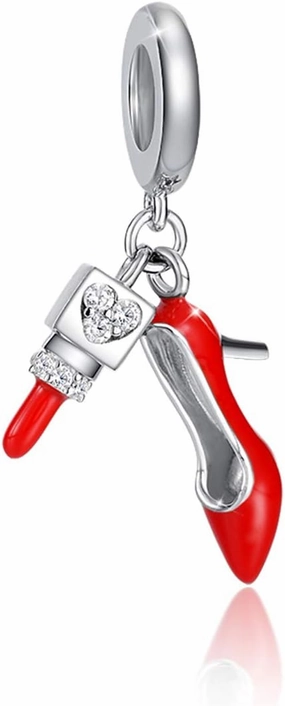 FOREVER QUEEN Red High Heels & Lipstick Charm fit Charms Bracelet 925 Sterling Silver Dangle Charm with Gift Box