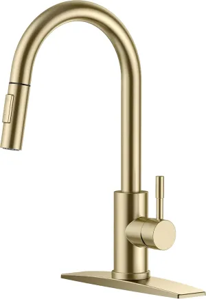 FORIOUS Gold Kitchen Faucet with Pull Down Sprayer, High Arc Modern Classic Sink Faucet Stainless Steel with Deck Fit for 1 or 3 Hole for Bar Farmhouse Laundry Rv, Brushed Champagne Golden