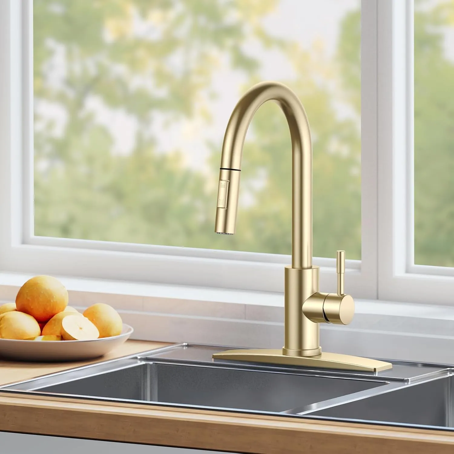 FORIOUS Gold Kitchen Faucet with Pull Down Sprayer, High Arc Modern Classic Sink Faucet Stainless Steel with Deck Fit for 1 or 3 Hole for Bar Farmhouse Laundry Rv, Brushed Champagne Golden