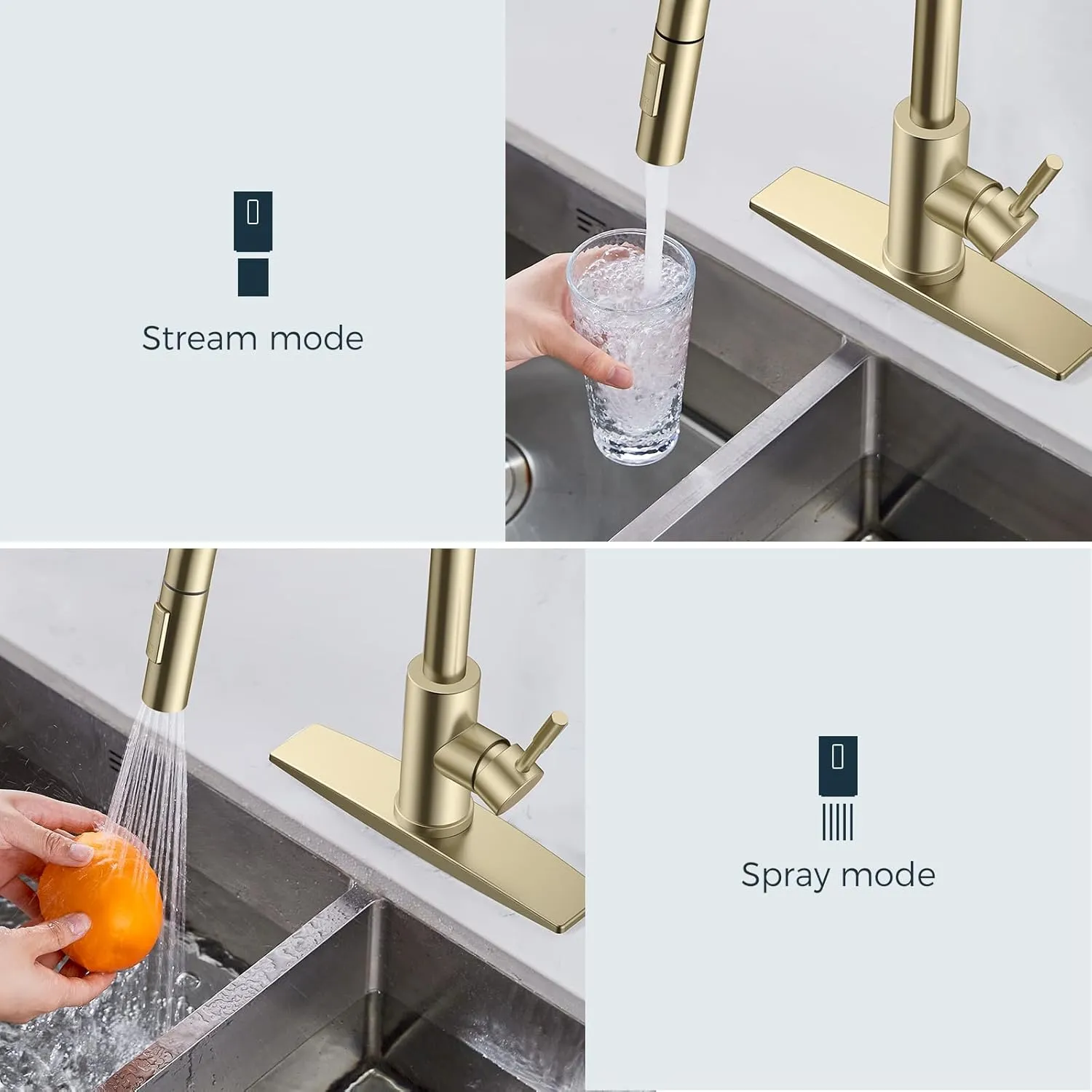 FORIOUS Gold Kitchen Faucet with Pull Down Sprayer, High Arc Modern Classic Sink Faucet Stainless Steel with Deck Fit for 1 or 3 Hole for Bar Farmhouse Laundry Rv, Brushed Champagne Golden