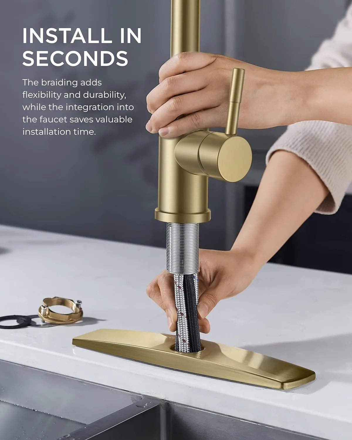 FORIOUS Gold Kitchen Faucet with Pull Down Sprayer, High Arc Modern Classic Sink Faucet Stainless Steel with Deck Fit for 1 or 3 Hole for Bar Farmhouse Laundry Rv, Brushed Champagne Golden