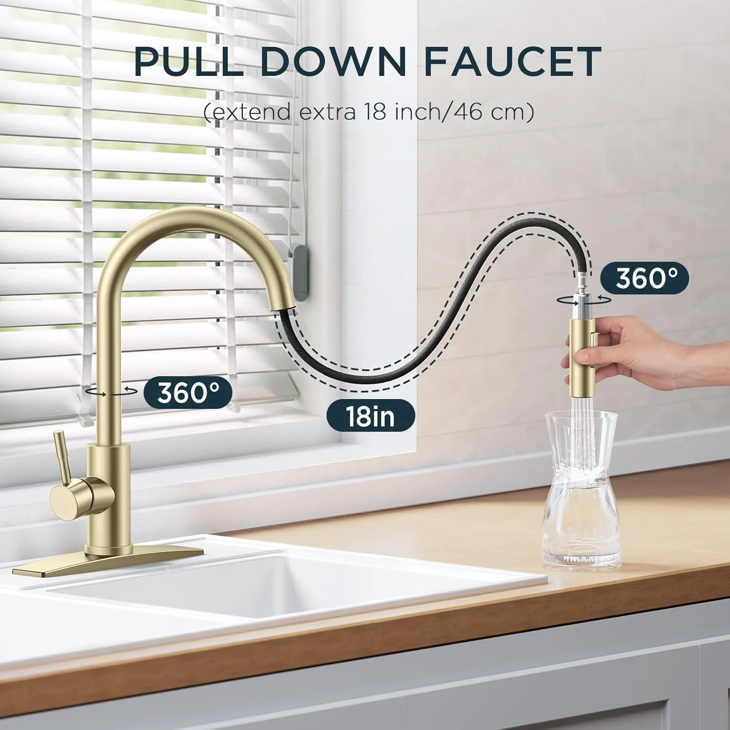 FORIOUS Gold Kitchen Faucet with Pull Down Sprayer, High Arc Modern Classic Sink Faucet Stainless Steel with Deck Fit for 1 or 3 Hole for Bar Farmhouse Laundry Rv, Brushed Champagne Golden