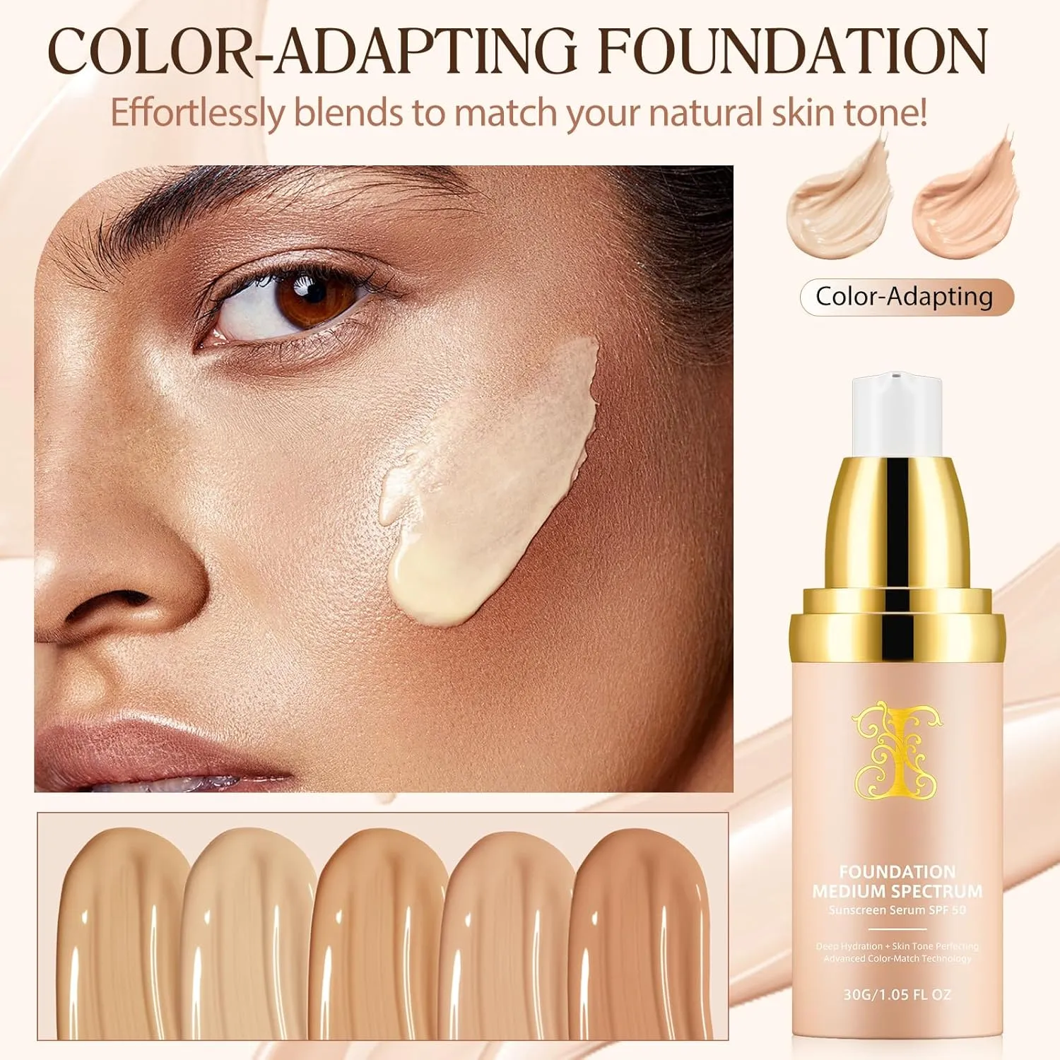 Foundation & Concealer 4 in 1 - Medium Spectrum 1.05 Fl Oz 2PCS with Sun SPF 50, Hydrating Color Changing Foundation