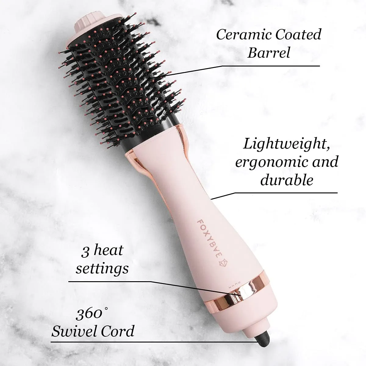 FoxyBae Hair Dryer Brush, Baby Blush, 60mm - Pro Volumizer Hot Air Dryer Brush, 2 Heat settings & Cool shot, Ceramic Tourmaline Ionic Technology, Dual Bristles, for Healthy Hair, Blush Color