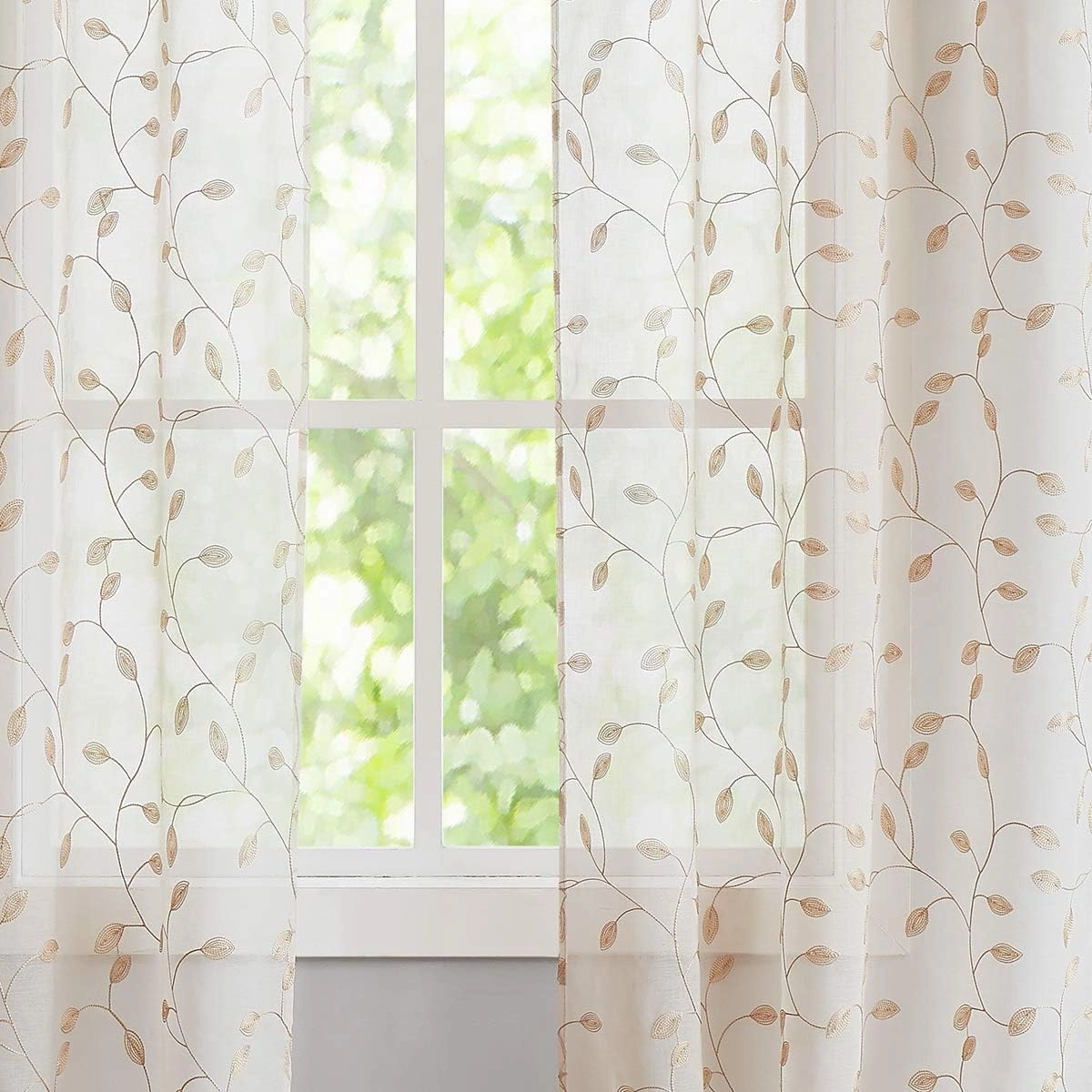 Fragrantex Christmas Linen Sheer Curtains 84 Inches for Living Room Leaf Embroidery Patterned Sheers Voile Window Curtains Draperies for Bedroom/Patio Rod Pocket 38" W x 84" L, 2 Panels, Champagne