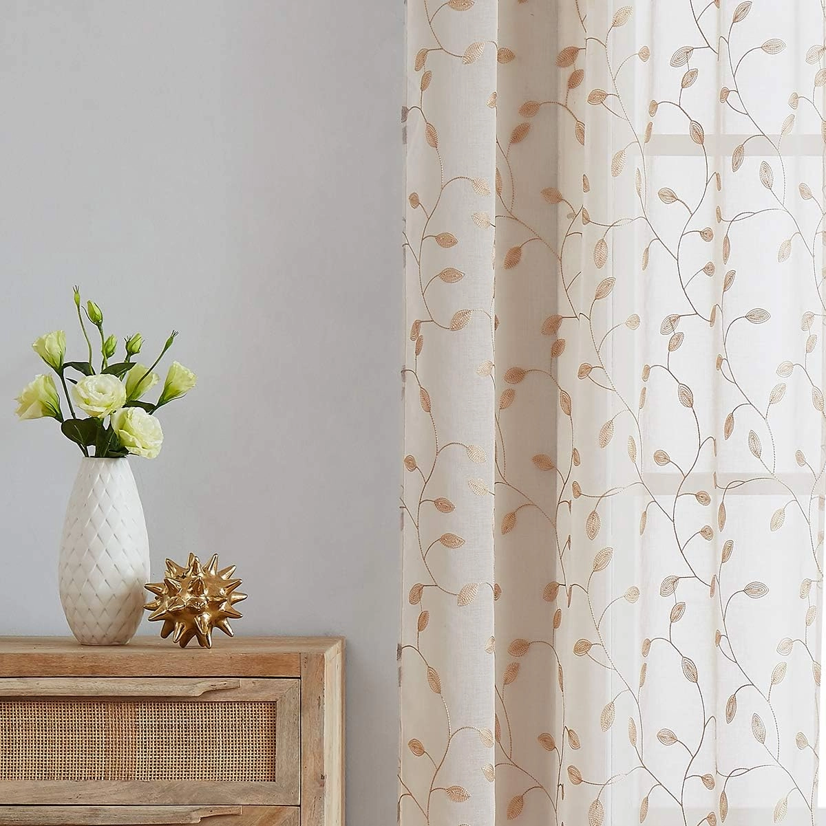 Fragrantex Christmas Linen Sheer Curtains 84 Inches for Living Room Leaf Embroidery Patterned Sheers Voile Window Curtains Draperies for Bedroom/Patio Rod Pocket 38" W x 84" L, 2 Panels, Champagne