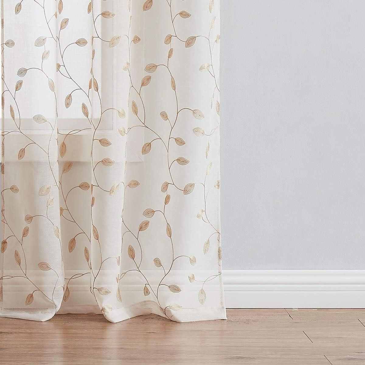 Fragrantex Christmas Linen Sheer Curtains 84 Inches for Living Room Leaf Embroidery Patterned Sheers Voile Window Curtains Draperies for Bedroom/Patio Rod Pocket 38" W x 84" L, 2 Panels, Champagne