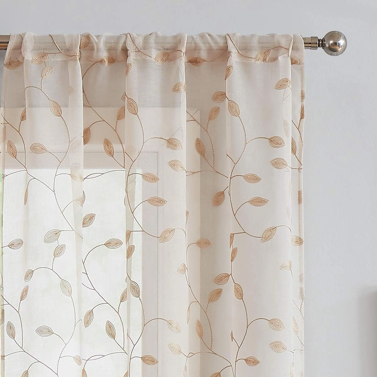 Fragrantex Christmas Linen Sheer Curtains 84 Inches for Living Room Leaf Embroidery Patterned Sheers Voile Window Curtains Draperies for Bedroom/Patio Rod Pocket 38" W x 84" L, 2 Panels, Champagne