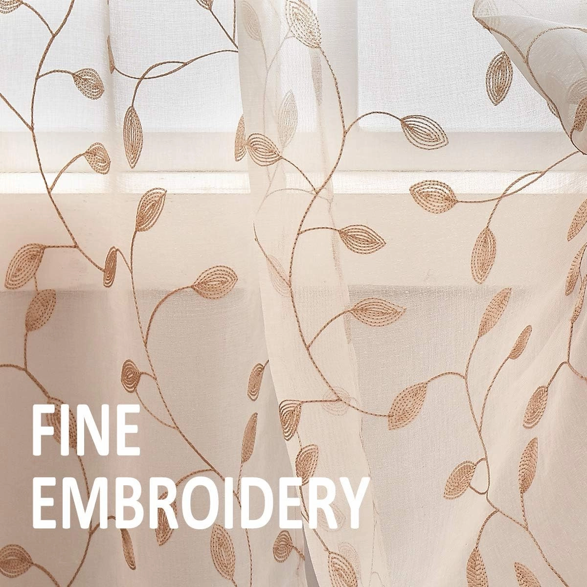 Fragrantex Christmas Linen Sheer Curtains 84 Inches for Living Room Leaf Embroidery Patterned Sheers Voile Window Curtains Draperies for Bedroom/Patio Rod Pocket 38" W x 84" L, 2 Panels, Champagne