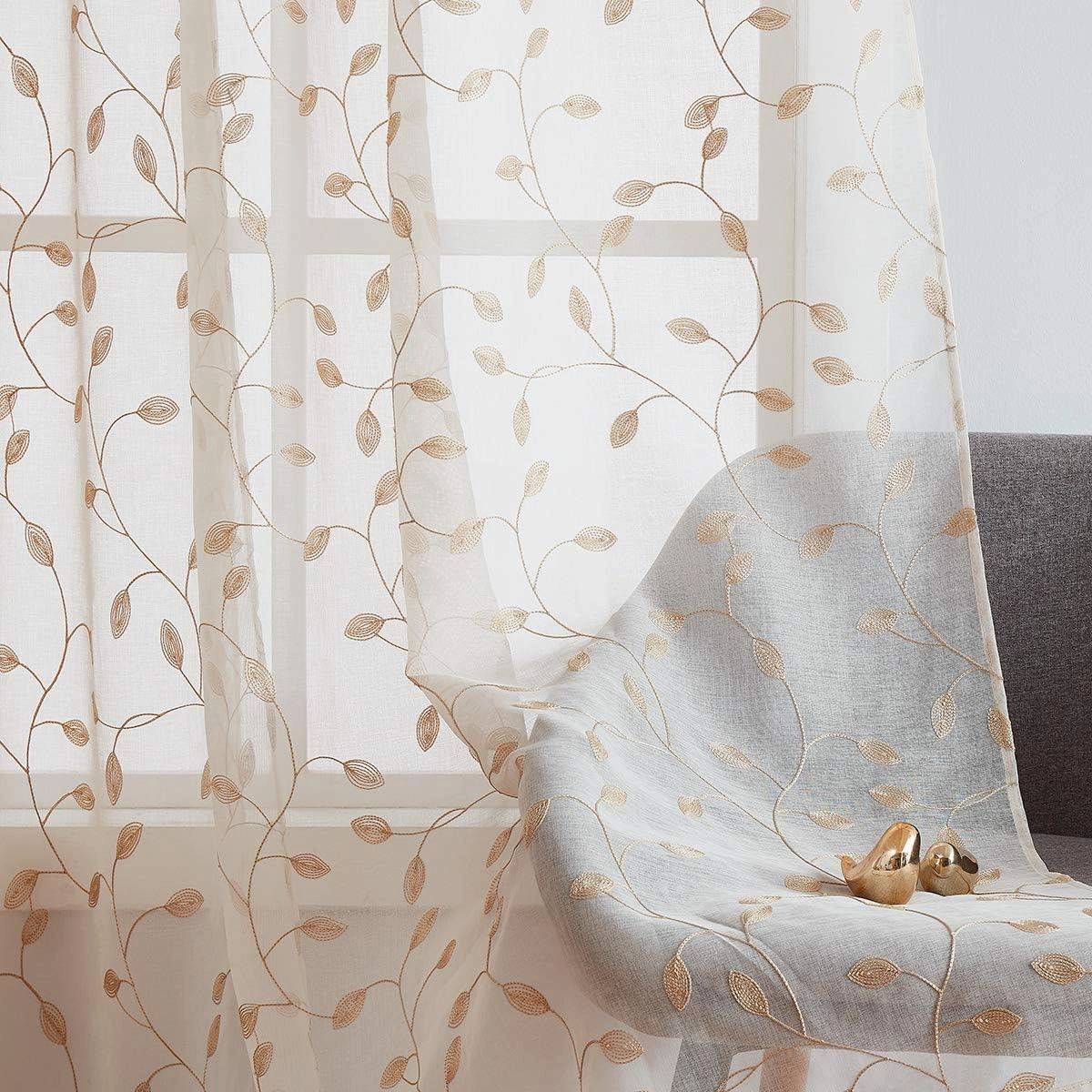 Fragrantex Christmas Linen Sheer Curtains 84 Inches for Living Room Leaf Embroidery Patterned Sheers Voile Window Curtains Draperies for Bedroom/Patio Rod Pocket 38" W x 84" L, 2 Panels, Champagne