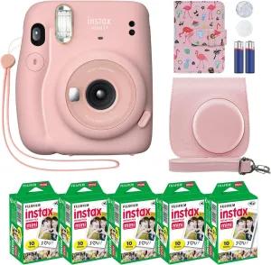 Fujifilm Instax Mini 11 Instant Camera Blush Pink   Custom Case   Fuji Instax Film Value Pack (50 Sheets) Flamingo Designer Photo Album for Photos